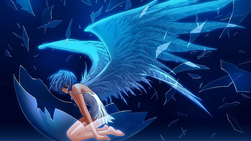 wings glass anime blue dress anime girls duplicate angel 1920x1080, blue anime 1920x1080 HD wallpaper