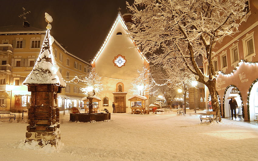 雪に覆われた町の中心部、都市景観の冬 高画質の壁紙