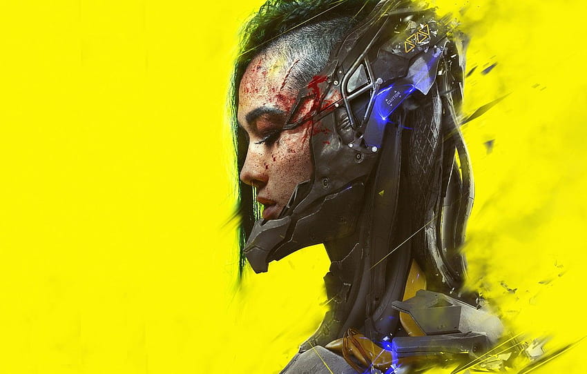 Mädchen, Kunst, Profil, Cyberpunk, gelber Hintergrund, Cyberpunk, Abschnitt фантастика, Cyberpunk gelb HD-Hintergrundbild