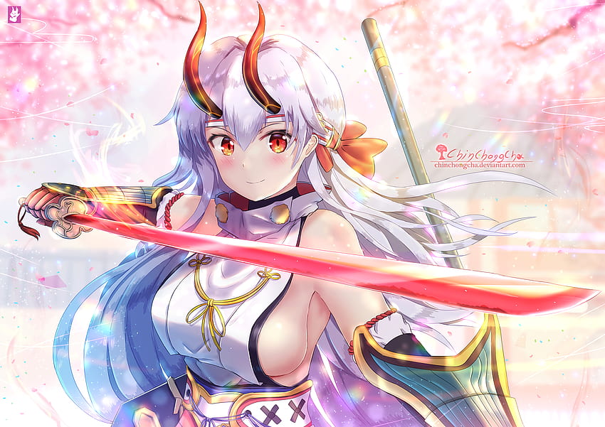 : Fate Grand Order, Hörner, japanische Kleidung, Schwert, Tomoe Gozen Fate Grand Order 2000x1414 HD-Hintergrundbild