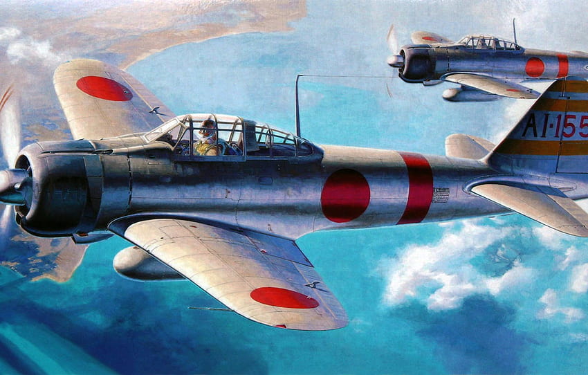 戦闘機, アート, 飛行機, 絵画, Mitsubishi A6M Zero , section авиация 高画質の壁紙