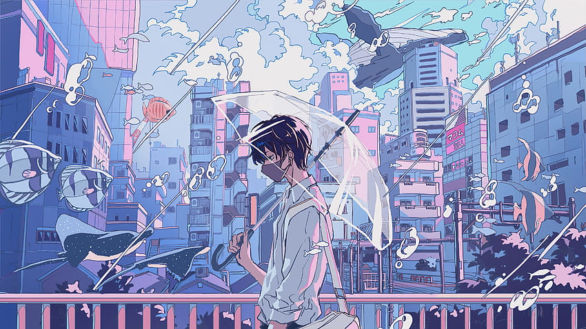 Anime Boy Umbrella 水中ファンタジー, アニメ, 背景, and, アニメの傘 高画質の壁紙