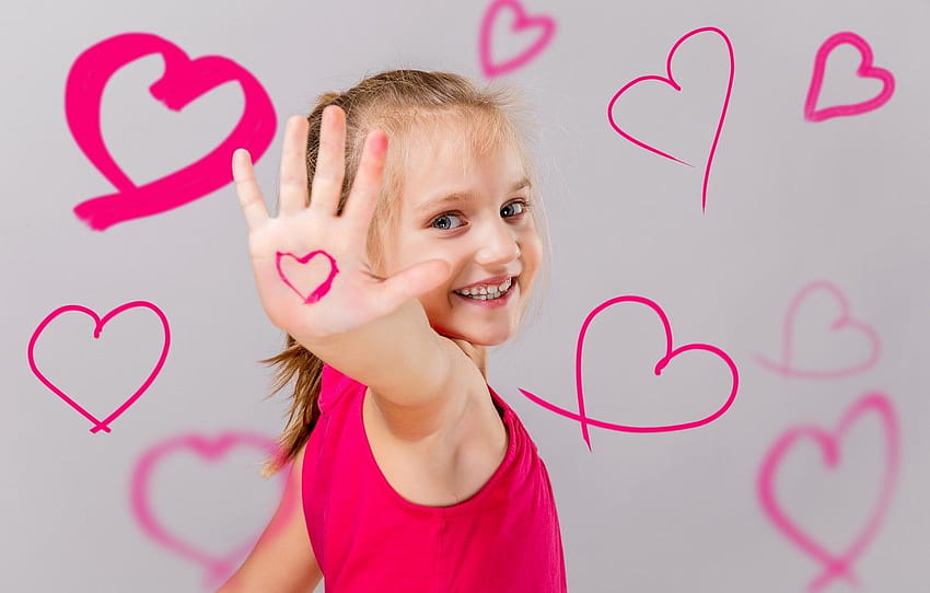 joy, smile, pink, heart, figure, child, girl, heart, little girl hearts HD wallpaper