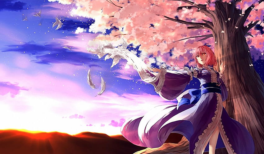 Touhou Sakura saigyouji yuyuko Anime female Trees, anime trees pink Wallpaper HD