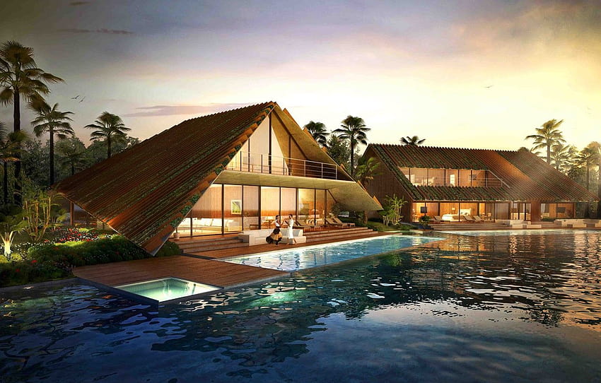 Villa, the evening, pool, Thailand, Luxury Villas HD wallpaper