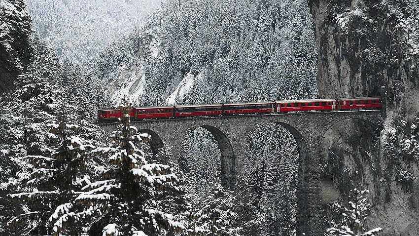 Червен влак, влак, сняг, мост, долината Енгадин, червен влак в сняг HD тапет