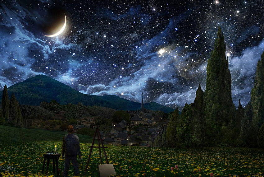 Sternenhimmel, Nacht, Himmel, Malerei, Breit, Schöpfung HD-Hintergrundbild