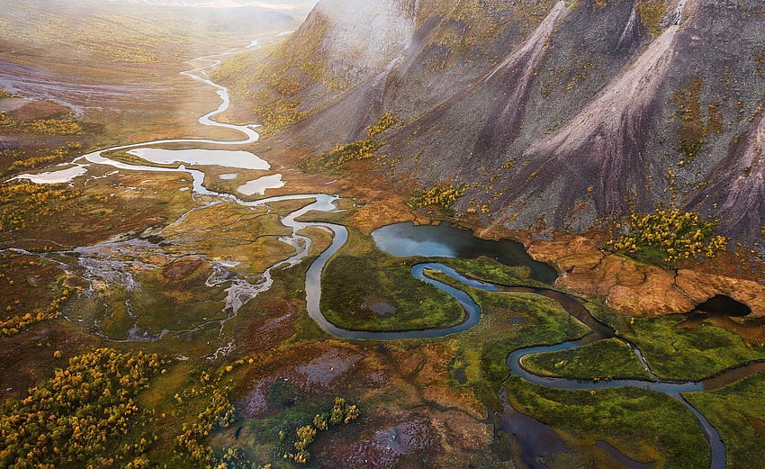 : sunlight, trees, landscape, fall, rock, nature, reflection, mist, river, aerial view, wilderness, Sweden, stream, tundra, wetland, Terrain, autumn, mountain, geology, aerial graphy, 1860x1140 px 1860x1140, aerial view river HD wallpaper