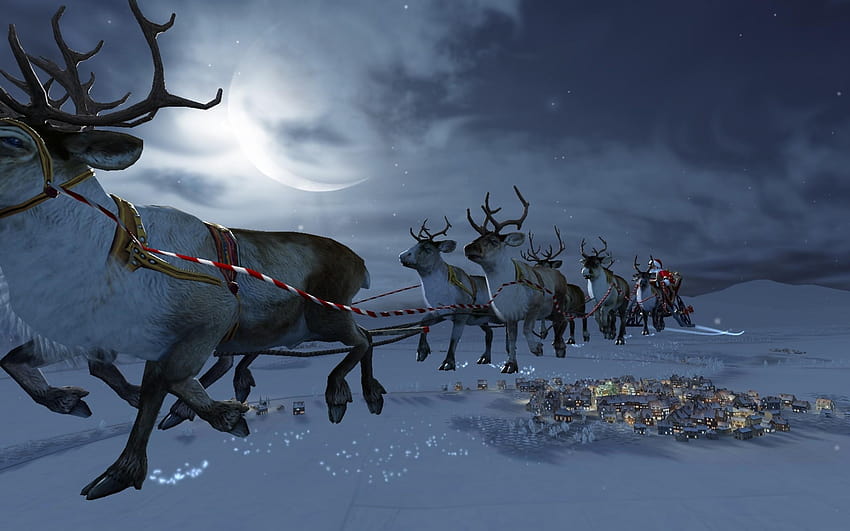 2 Santa's Sleigh In The Sky, santa sleigh and reindeers in sky HD wallpaper
