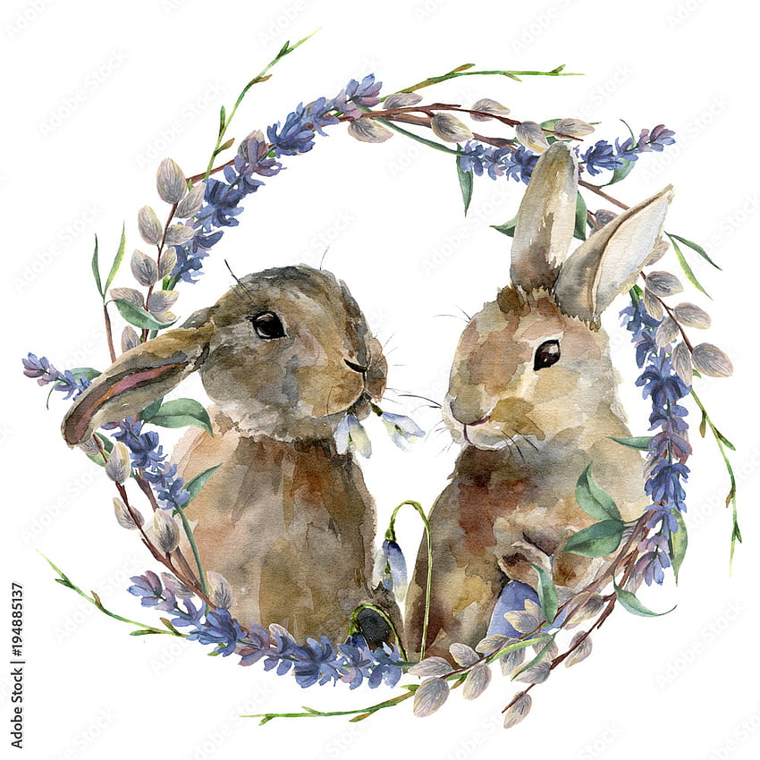 Wall mural Watercolor Easter bunny with floral wreath. Hand painted rabbit with lavender, willow and tree branch isolated on white background. Holiday symbol illustration for design. Nr.194885137, digital printing, easter watercolor HD phone wallpaper