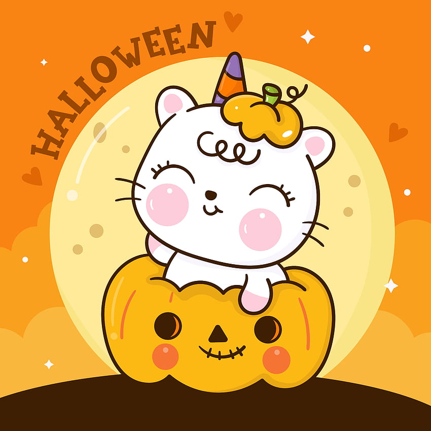かぼちゃのかわいいハロウィン猫ユニコーン漫画 カワイイ動物, かわいい子供たち, トリックオアトリート, 漫画の動物のハロウィーン HD電話の壁紙