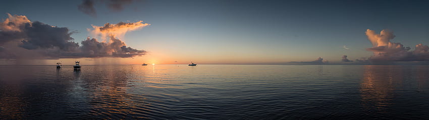 Landscape Sea Horizon Sunset Clouds Nature Boat Dual Display Multiple Display Panorama, 7680x2160 HD wallpaper