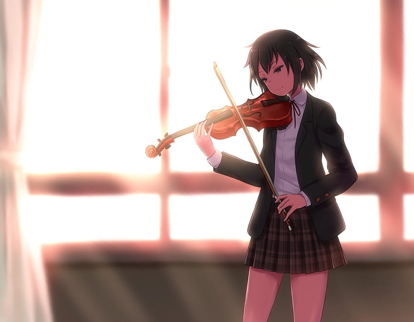 Menina Anime, Violino, Instrumento, Uniforme Escolar, Luz Solar, Violino Anime papel de parede HD
