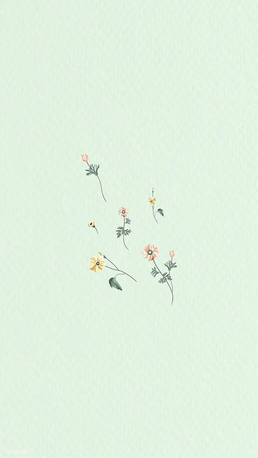 Bunga berwarna-warni pada vektor latar belakang hijau, musim semi estetika minimalis wallpaper ponsel HD