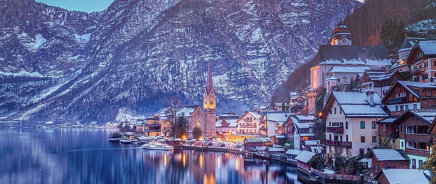 Hallstatt Alps Avusturya Kış Dağları Göl 2560x1080 HD duvar kağıdı
