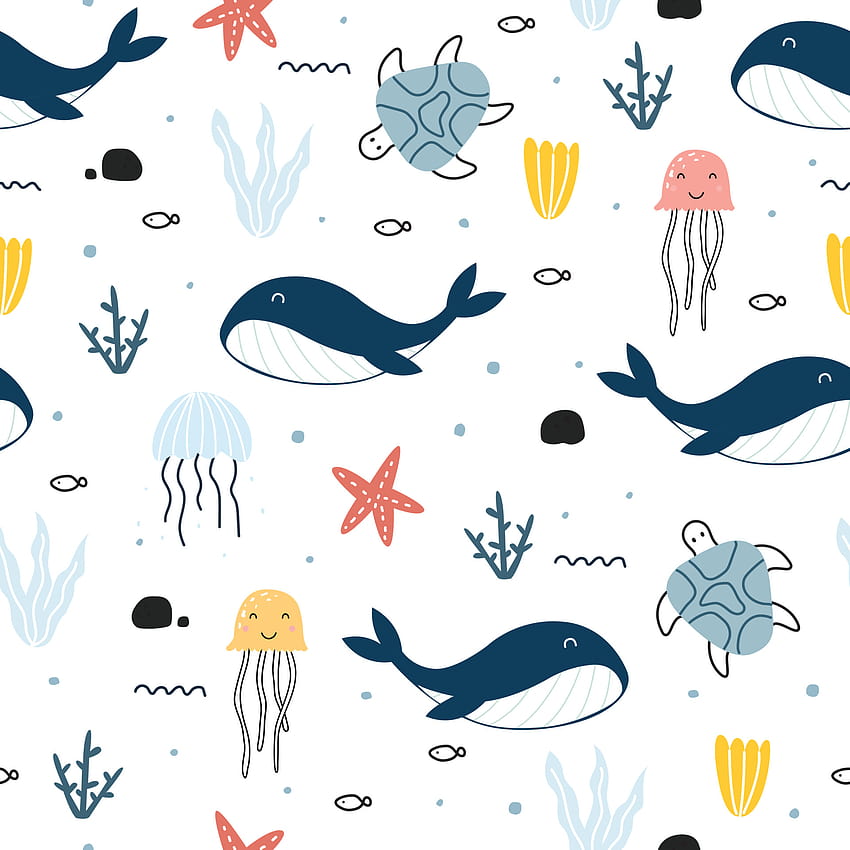 Blauwal mit Meereslebewesen, nahtloser, niedlicher Cartoon-Hintergrund. Designs für Textilien, Kleidungsstile, Drucke, Vektorillustrationen. 4505827 Vektorgrafiken bei Vecteezy HD-Handy-Hintergrundbild