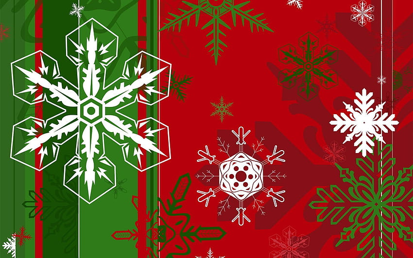 Snowflakes of different shapes on the green and red backgrounds on HD wallpaper
