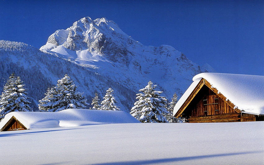 4 Winterhüttenszenen, Winterurlaub HD-Hintergrundbild