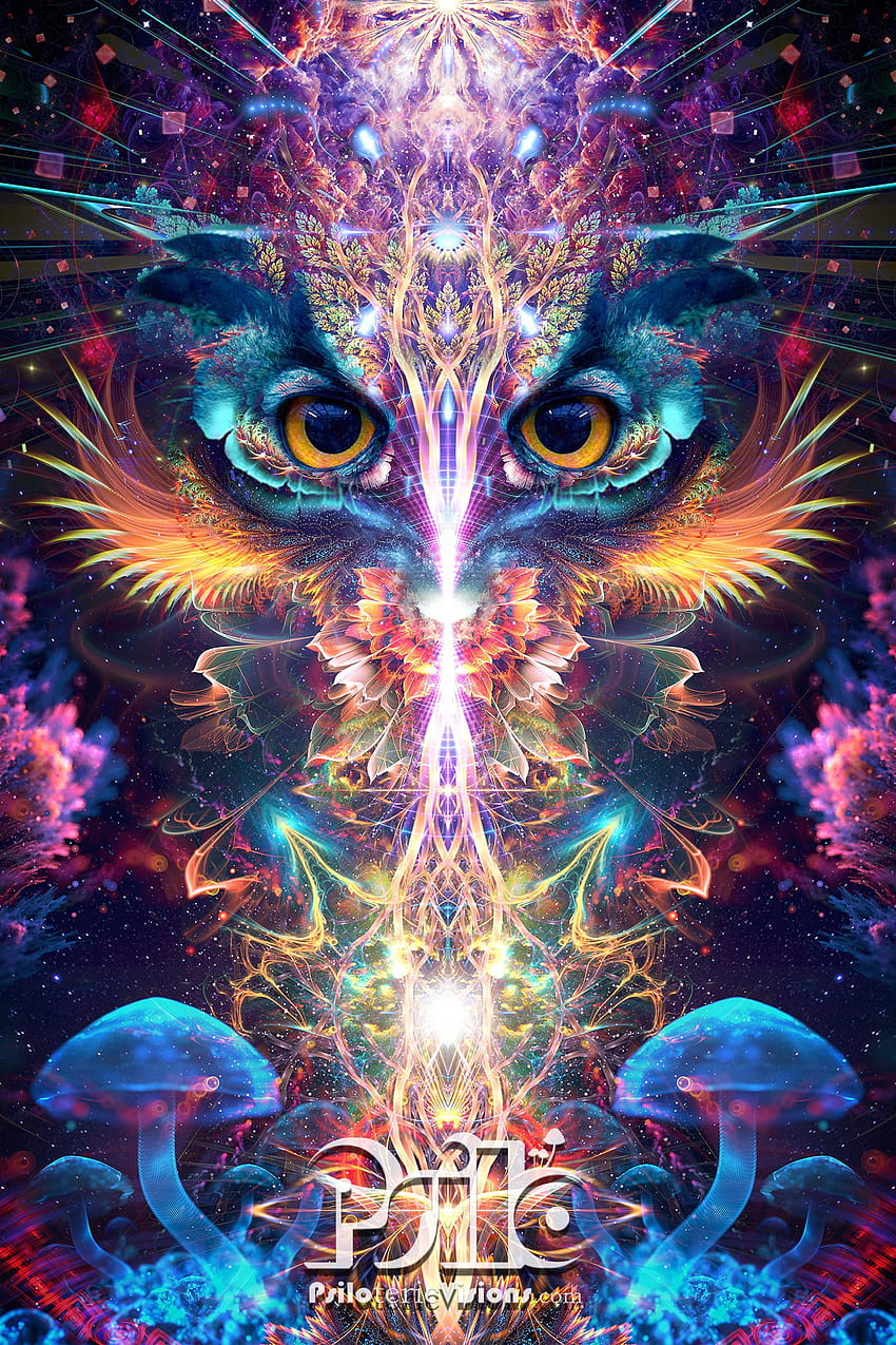 Owl TAPESTRY, Mushroom Tapestry, Visionary Art, Vibrant, Fractal, Psychedelic, Colorful, Trippy, Sacred Geometry, Spiritual Art, Vortex, colorful mushrooms fractal art HD phone wallpaper