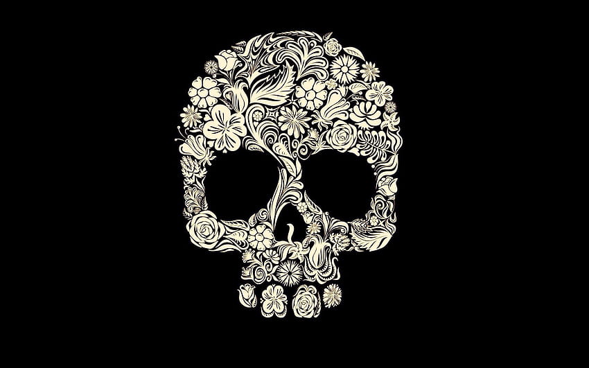 Skull covered with flowers & black backgrounds art, background of skalls HD wallpaper