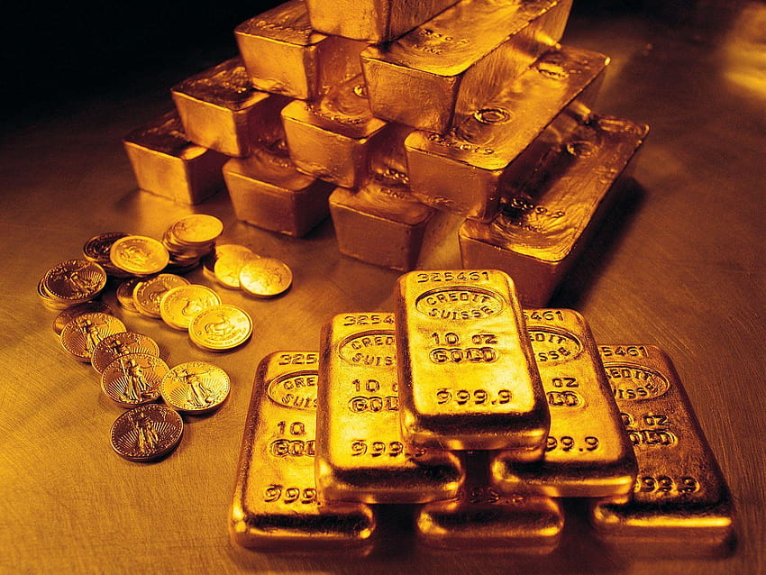 Goldbarren und Münzen auf Lager HD-Hintergrundbild