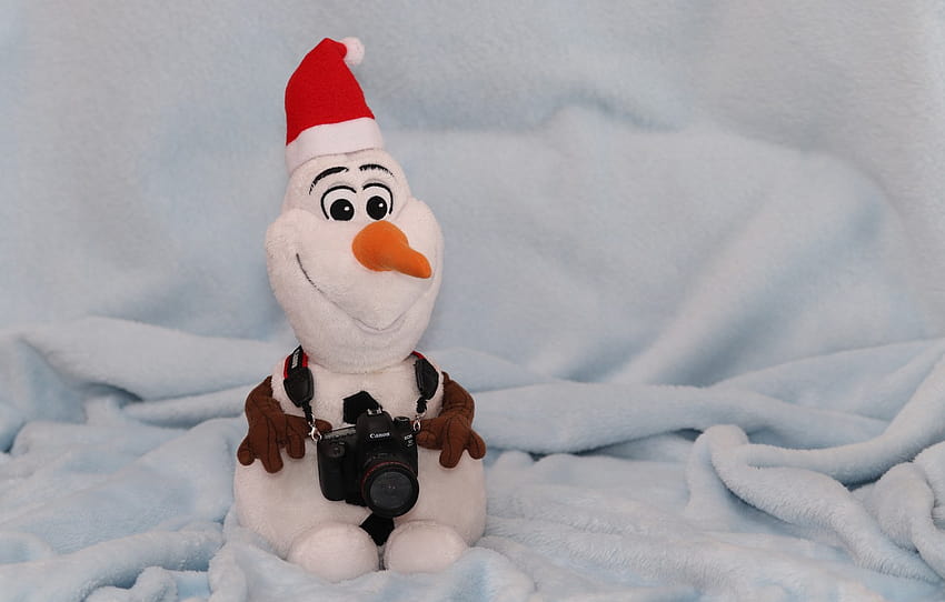winter, smile, holiday, toy, Christmas, the camera, New year, blanket, snowman, plaid, light background, cap, figure, Christmas decorations, soft, the camera , section новый год HD wallpaper