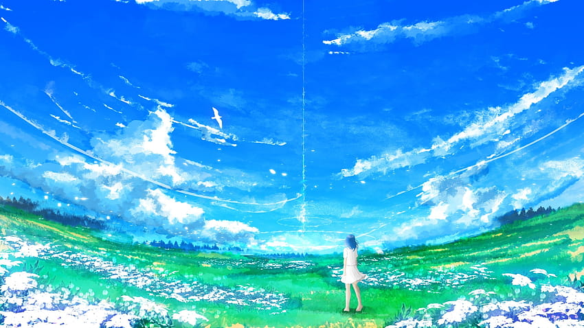 3840x2160 Anime Girl, Landscape, Field, Clouds, Sky, anime flower field scenery HD wallpaper