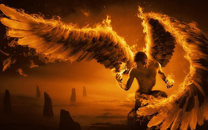 火の男、天使、翼 / およびモバイル背景、翼を持つ男 高画質の壁紙