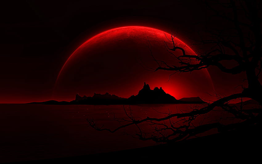 silhueta de montanhas, lua, paisagem vermelha, paisagens noturnas, planeta vermelho com resolução 3840x2400. Cenário vermelho de alta qualidade papel de parede HD