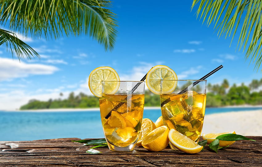 ice, sea, summer, palm trees, lemon, lemonade , section еда, cool summer lemonade HD wallpaper