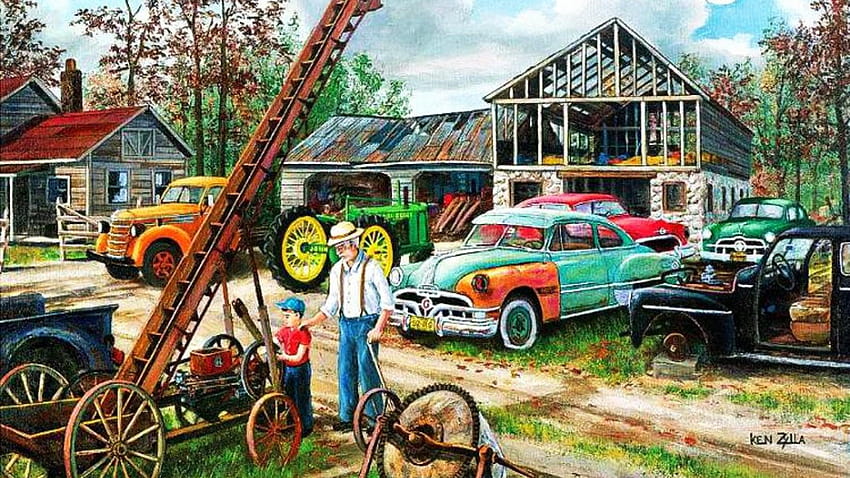 JUNKYARD cars auto automobile classic retro artwork painting, car painting HD wallpaper