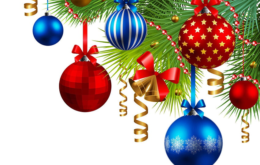 장식, 가지, 휴일, 공, 장난감, 벡터, 크리스마스, 빨강, 흰색 배경, 새해, 나무, 뱀, 파랑, 섹션 новый год, 빨간색 흰색과 파란색 크리스마스 HD 월페이퍼