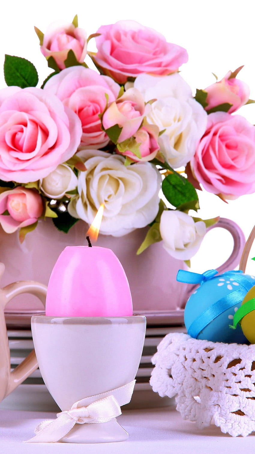 1080x1920 serving, eggs, roses, pink, roses, eggs, candle, easter, pink easter HD phone wallpaper