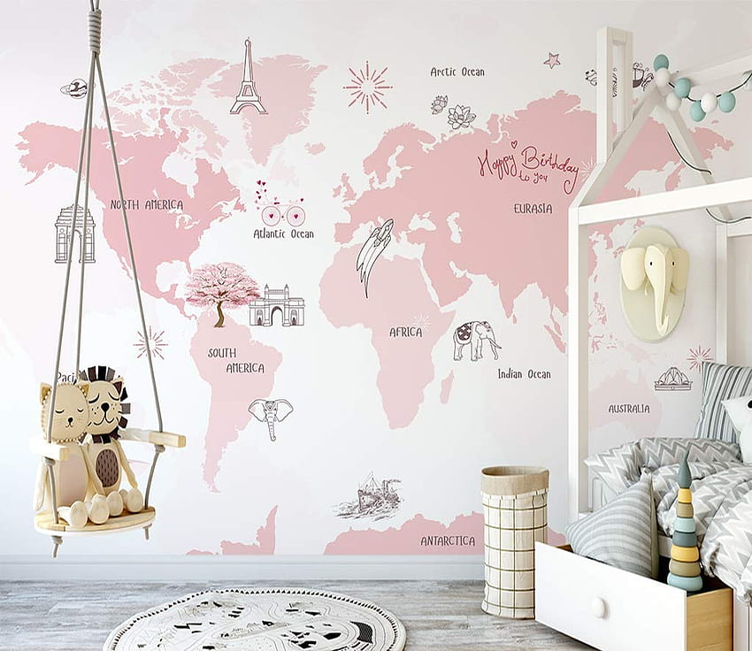 Murwall 女の子用 ピンク 世界地図 漫画 ピンク マップ 壁 壁画 保育園 壁 プリント 女の子 男の子 寝室 子供部屋 : 手作り製品 高画質の壁紙
