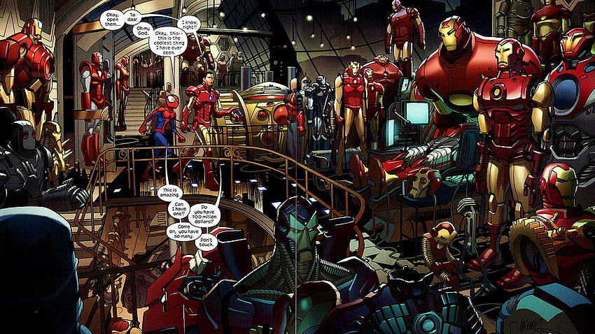 le fer, Homme, Bandes dessinées, Tony, Stark, Marvel, Bandes dessinées, Ultimate, Spider man / et arrière-plans mobiles, iron man lab Fond d'écran HD