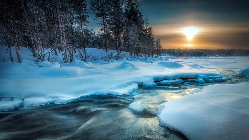: cold, water, winter, Sun, snow, ice, trees, nature, forest, long exposure 1920x1080, cold water HD wallpaper