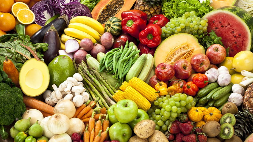 Vitamine su una varietà di frutta e verdura Sfondo HD