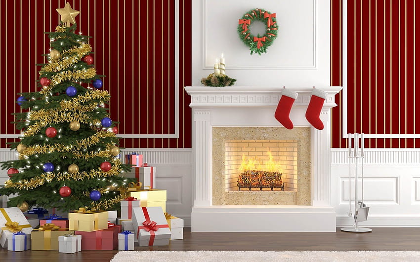 Interior gifts fireplace Christmas tree, christmas inside home HD wallpaper