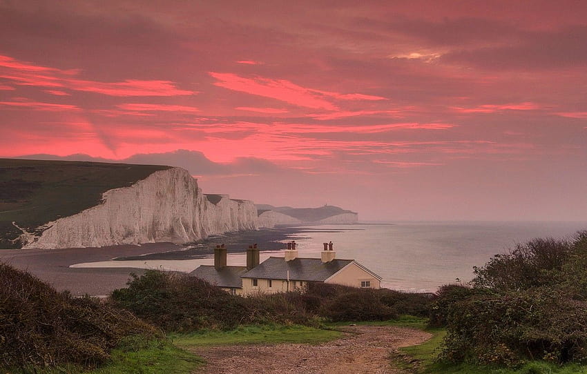 바다, 구름, 해협, 영국, 집, 불타는 듯한 빛깔, The Channel, Sussex, Seven Sisters, 분필 절벽, 섹션 пейзажи HD 월페이퍼