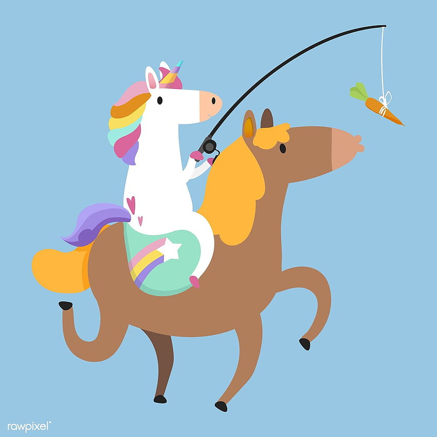 Unicorn mengendarai kuda poni dan memegang wortel pada vektor tongkat, pengendara unicorn wallpaper ponsel HD