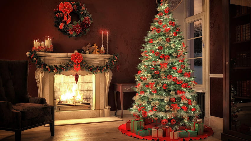 Albero di Natale, caminetto, decorazione, stanza, caminetto natalizio Sfondo HD