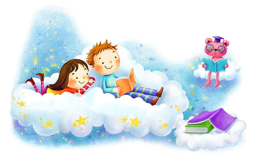 1920x1200 drawing, girl, boy, clouds, winter and books HD wallpaper