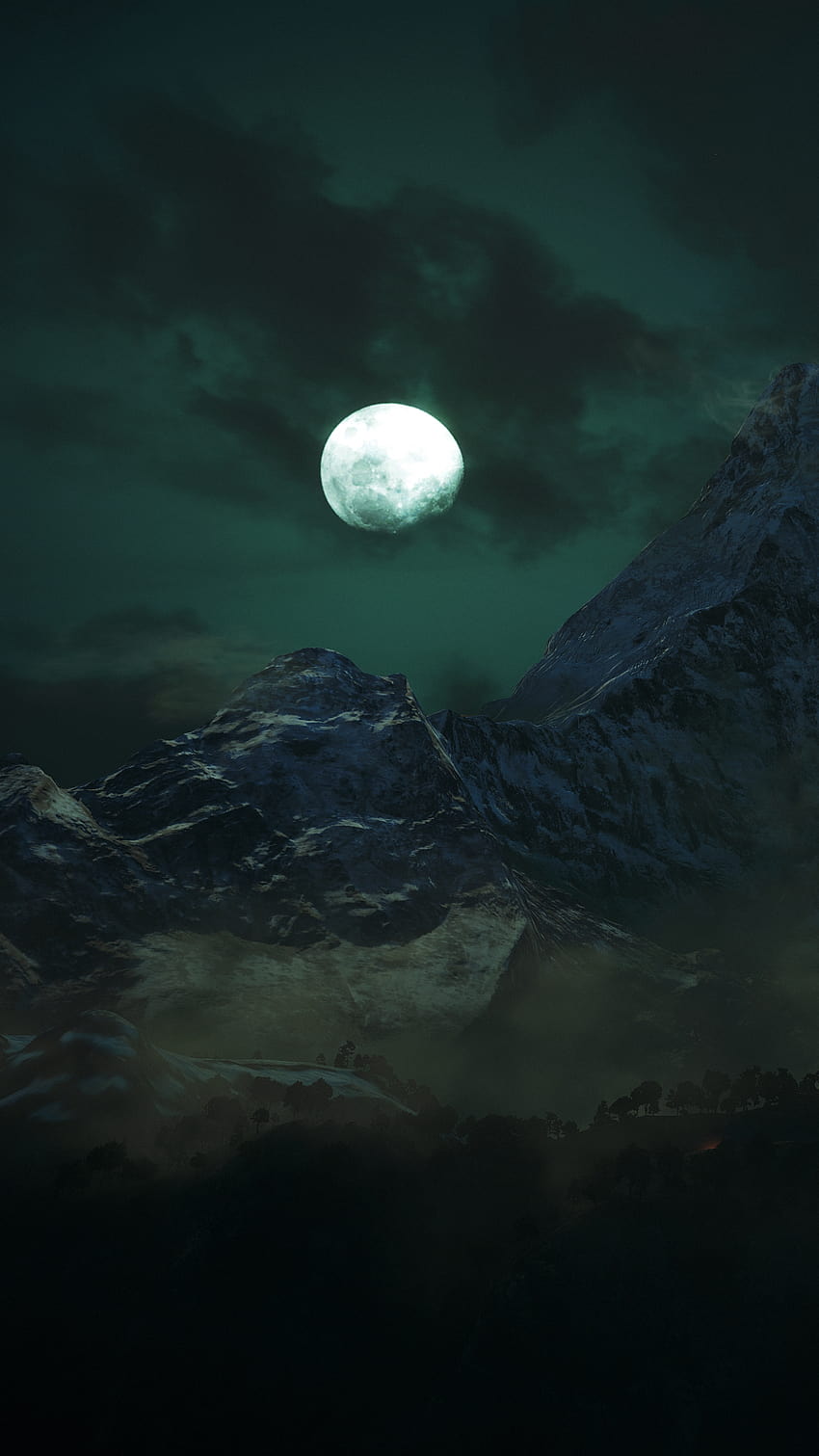 Mond, Berge, Nacht, Dunkelheit, Wald, Natur, Nacht iPhone HD-Handy-Hintergrundbild