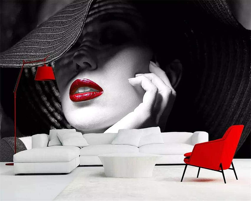 NIdezuiai Mural, Sesuaikan 4D Hitam Putih Wanita Bibir Merah, Seri Kreatif, Seni Cetak Poster, Mural Sutra Besar, untuk Ruang Tamu Dekorasi Kamar Anak-anak Sutra Besar Mural: Furnitur & Dekorasi Wallpaper HD