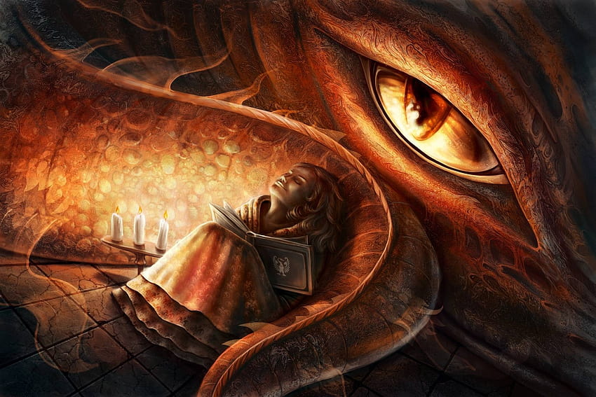Dragón blanco de ojos azules, niña leyendo un libro fondo de pantalla