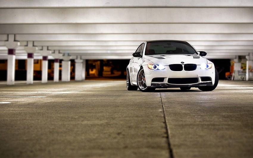 BMW, cars, BMW M3, white cars, BMW E92, parking lot, garage HD wallpaper