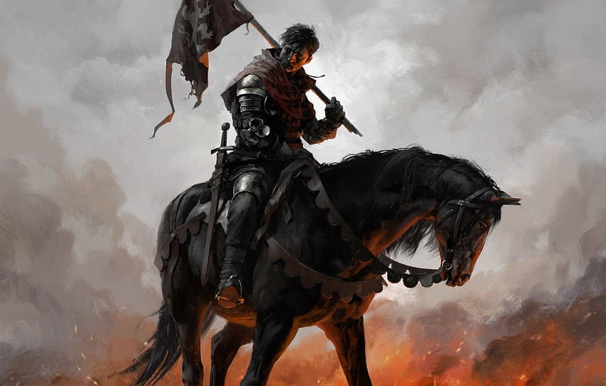 меч, броня, оръжие, мъж, кен, острие, флаг, кон, воин, Kingdom Come: Deliverance , раздел игры, мъже с меч HD тапет