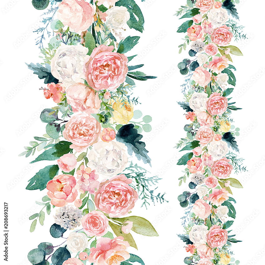 Seamless watercolor floral pattern with flower border composition on white background, perfect for wrappers, postcards, greeting cards, wedding invitations, romantic events, etc. Stock Illustration, floral border HD phone wallpaper