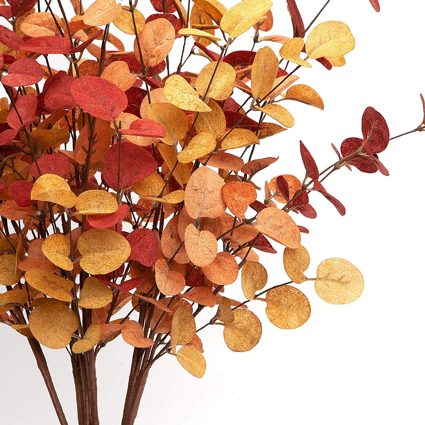 DecorX 6 piezas Tallos de eucalipto artificiales Decoraciones de otoño con hojas de eucalipto de otoño Decoraciones de otoño para la oficina y el hogar Plantas artificiales para arreglos florales, otoño de eucalipto fondo de pantalla del teléfono