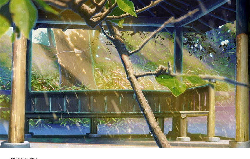 drops, bench, Park, rain, gazebo, art, kotonoha no, kotonoha no niwa HD wallpaper